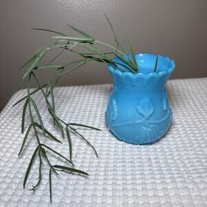 Vintage Blue Opaline Glass Face Vase Scalloped Rim Attributed L.E. Smith 4.3"